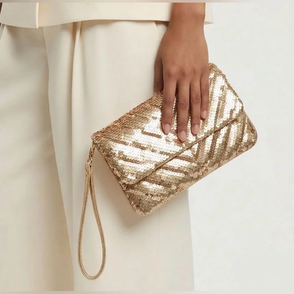 NWT Nicole Miller Gold Sequin Quilted Crossbody Small Bag Shoulder Purse Handbag